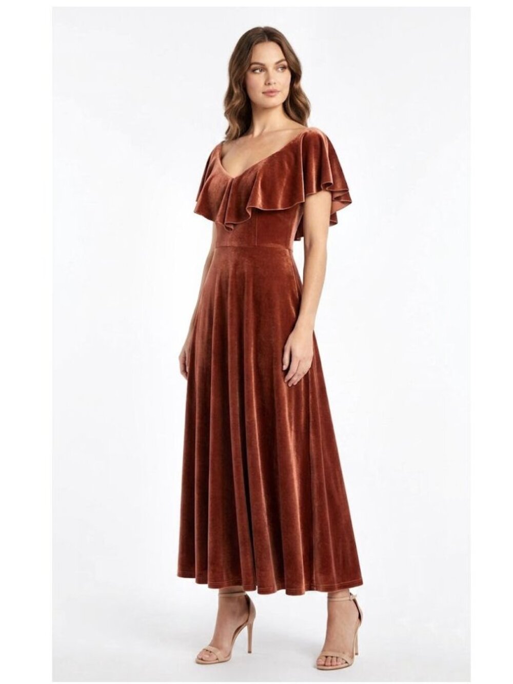 June & Hudson Ruffle Flounce V-Neck Maxi Dress, Rust Velvet, Womens Size Medium